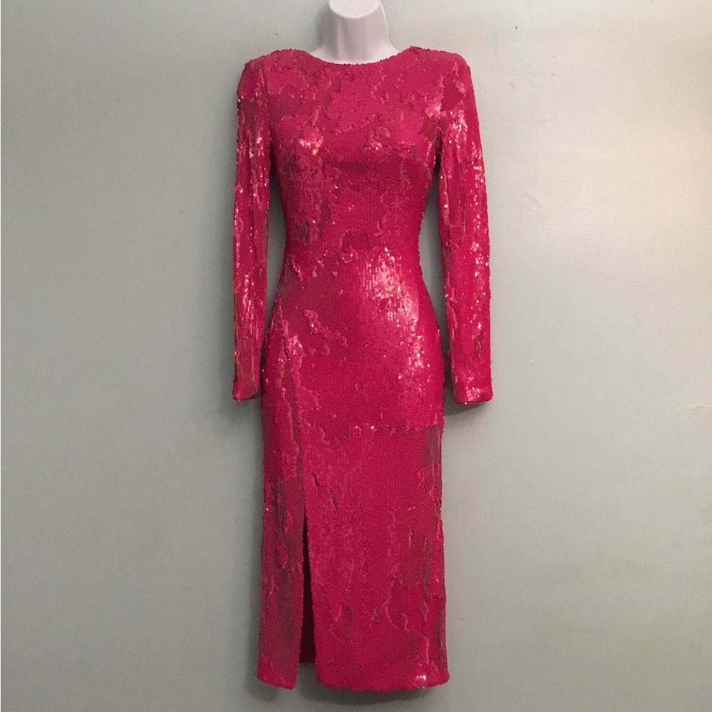 Dress the Population Hot Pink Sequin Long Sleeve Bodycon Dress